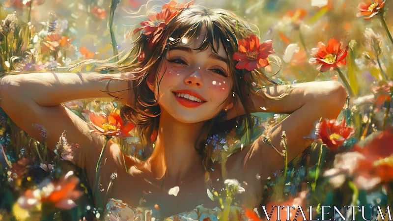 Smiling young woman in sunlit wildflower meadow portrait.