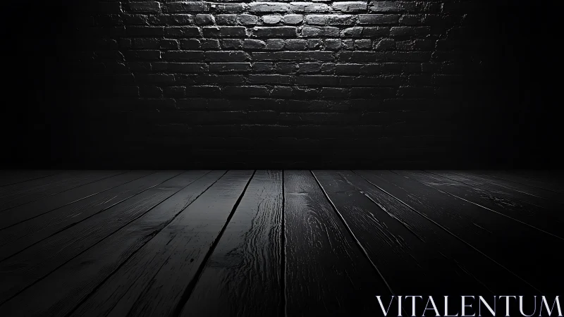 Dark brick wall and wooden floor under narrow overhead light.