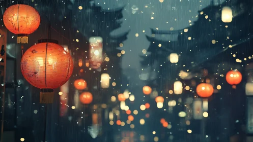 Red lanterns over wet street in evening rainfall scene.