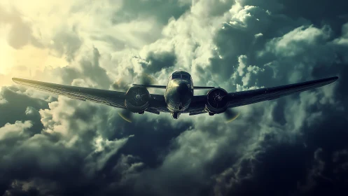 Twin engine vintage aircraft flies head on through dense clouds