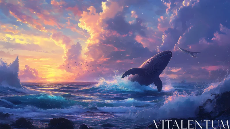 Whale breaches through iridescent sunset storm waves.