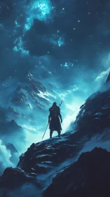 Star-drenched wanderer atop glacial midnight ridges.