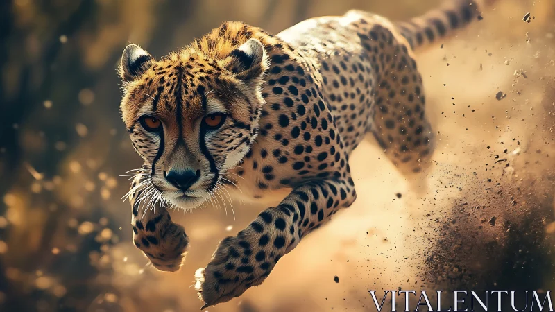 Cheetah explodes into a sprint across sunlit dusty terrain.