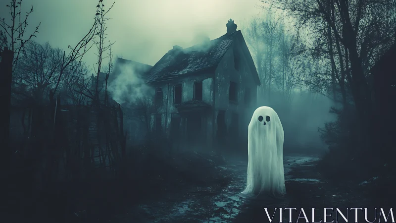 Ghost-like figure before dilapidated house in foggy woodland.
