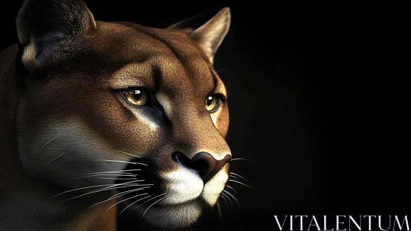 Cougar Portrait: Feline Predator with Intense Amber Gaze Against Black.