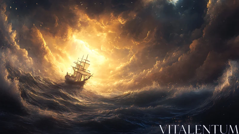 Sailing ship in turbulent ocean beneath luminous storm clouds.