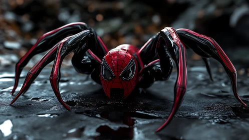 Spider-hero hybrid crawls boldly across a wet urban ground