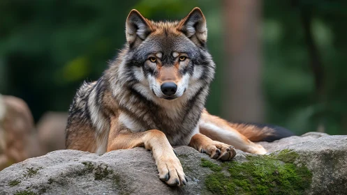 Forest throne wolf lounges in mossy silence, gaze unbroken.