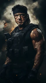 Battle-hardened soldier stands amid smoke and embers