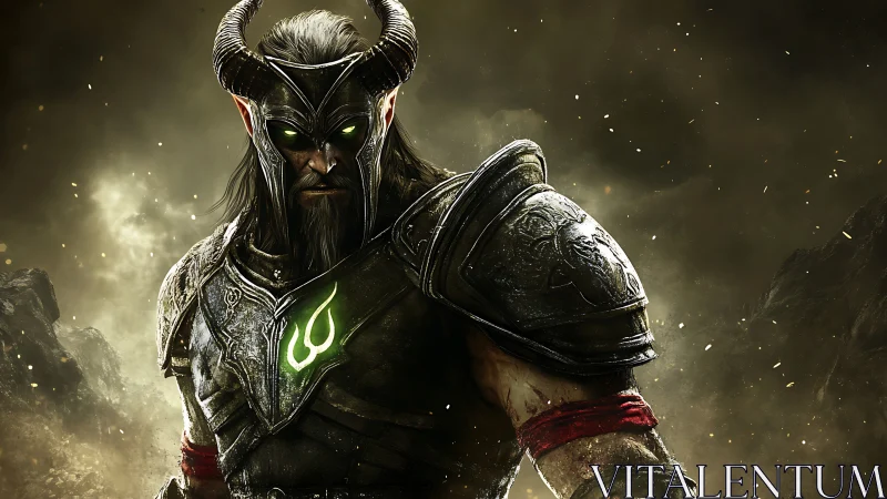 Horned armored warlord stands in stormlit volcanic wasteland