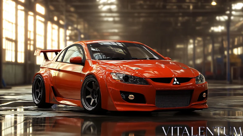Widebody orange tuner coupe in industrial warehouse light