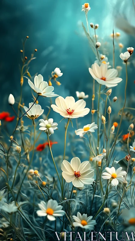 White and Red Cosmos Flowers Against Turquoise Background