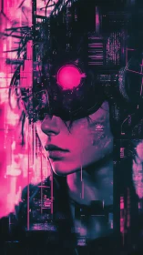 Cyberpunk portrait with neon visor and abstract circuitry.