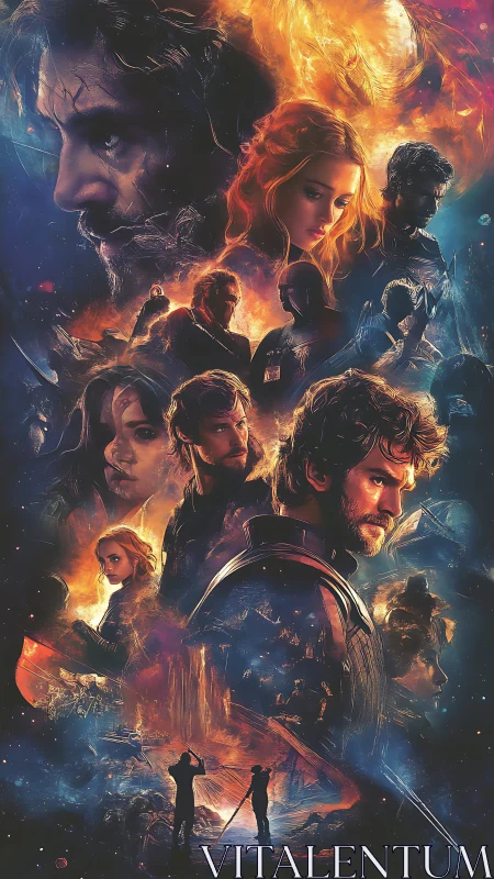 Cosmic sci fi ensemble portrait merges faces with nebulae