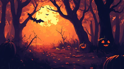 Halloween forest path under full moon with glowing pumpkins.
