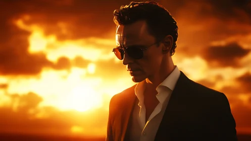 Sunset noir agent brooding beneath molten skies.