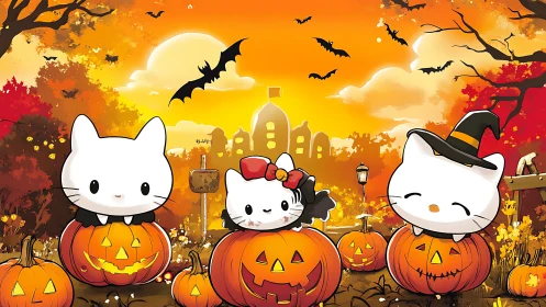 Digitally Rendered Kawaii Feline Characters in Jack-O'-Lantern Pumpkins Against Autumn Landscape