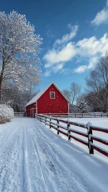 Red barn anchors a high-contrast snowy rural landscape
