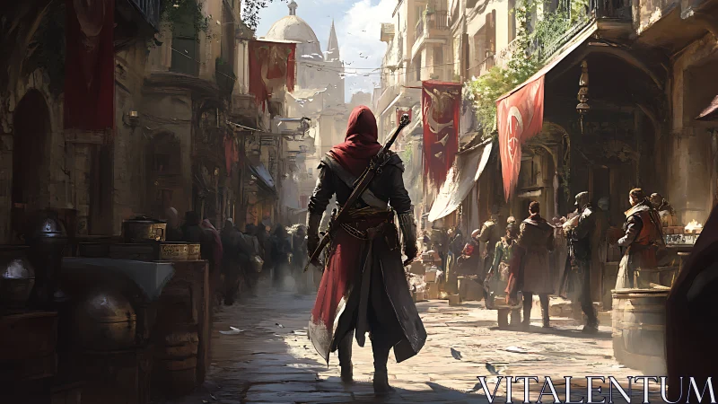 Hooded rogue strides through sunlit bazaar of whispered plots.