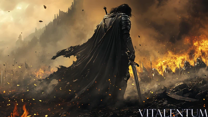 Armored warrior in burned battlefield with advancing troops.