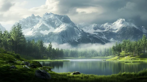 Glacial mountain range reflected in tranquil alpine lake panorama
