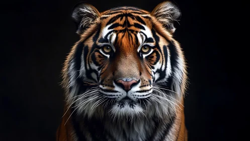 Regal tiger portrait occupies dark frame with piercing gaze