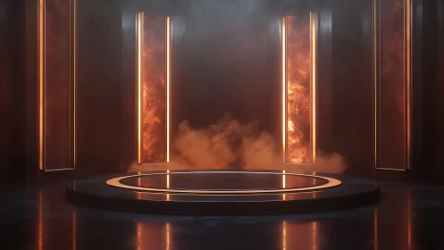 Architectural interior with neon-lit vertical panels and circular platform.