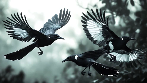 Three Black and White Magpies in Flight, Dramatic Nature Photography.