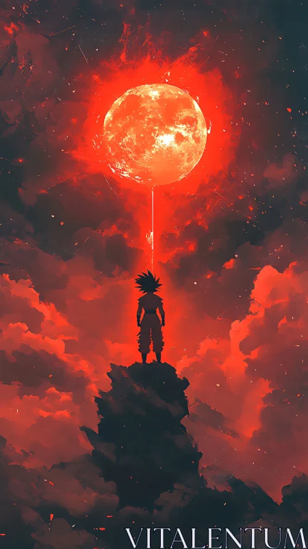 Silhouetted warrior confronts tethered red moon over peaks