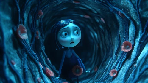 Stop motion girl in blue tunnel with organic textures.