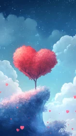 Heart-Shaped Tree Floating in Dreamlike Clouds.
