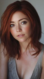 Warm freckled portrait of a red haired woman in soft light.