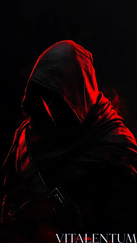 Hooded assassin silhouette in crimson rim lighting profile.