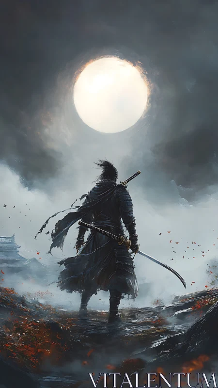 Lone armored samurai under eclipsed full moon with dual katanas