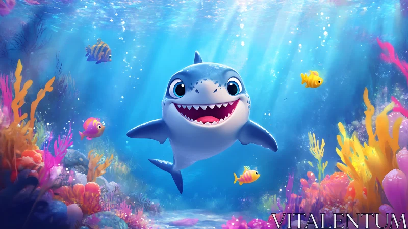 Cartoon shark in luminous reef environment with volumetric caustics