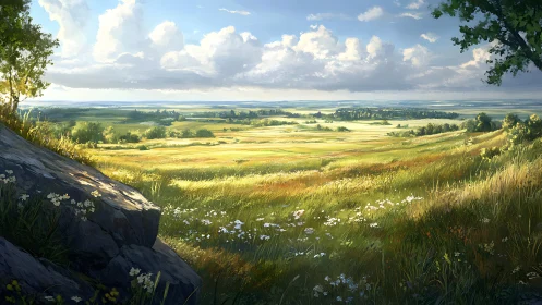 Sunlit countryside valley with wildflower meadow view.