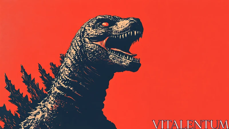 Monochrome kaiju profile uses bold silhouette and high-contrast linework