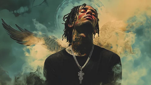 Haloed urban angel rising through stormy celestial smoke.