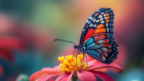 Butterfly paints sunrise colors across a single quiet bloom