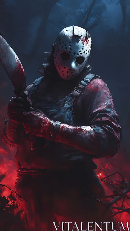 Masked slasher stands in bloodlit forest under moonlight.