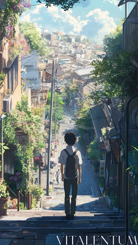 Teenager on city hillside steps overlooking dense district.