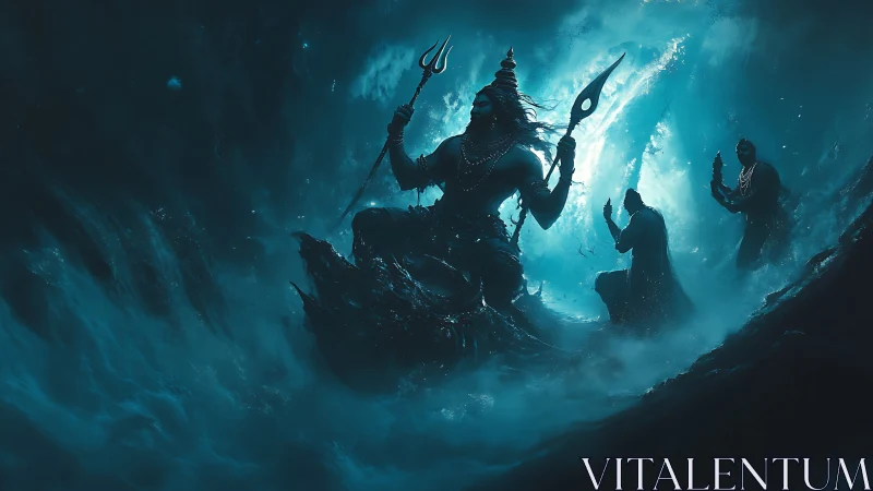 Divine warrior rides stormy ocean vortex in teal glow