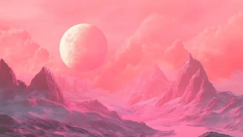 Pink alien mountain landscape under large glowing moon