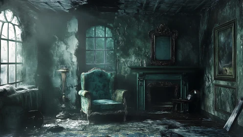 Haunted emerald parlor shows decayed Victorian elegance.