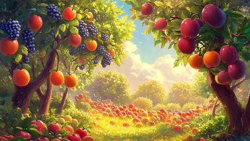 Sunlit orchard path lined with ripe, colorful summer fruit.