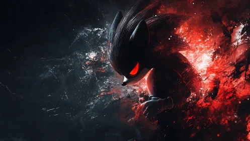 Shadowy speedster bursting through storms of blazing red.