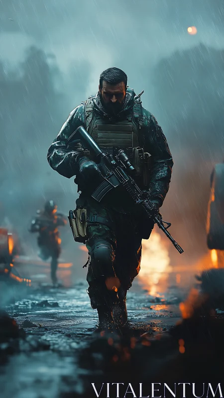 Armored soldier advances through rainlit battlefield corridor