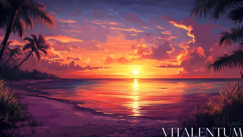 Coastal horizon sunset over calm ocean with palm silhouettes.