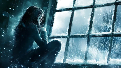 Girl by frosted window contemplates in a storm of blue light
