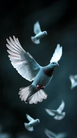 Iridescent dove in mid-flight amid softly blurred flock.